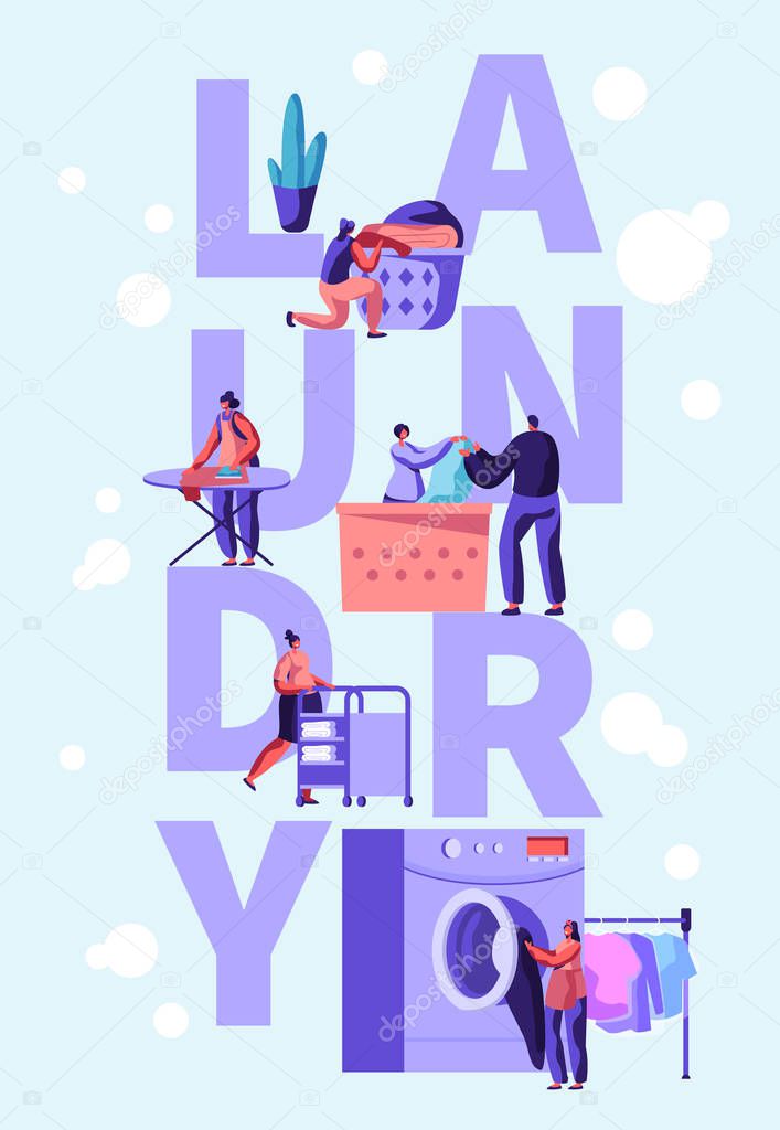Male and Female Characters Loading Dirty Clothes to Washing Machine in Public Launderette, Ironing Clothes, Rolling Cart, Laundry Concept Poster, Banner, Brochure. Cartoon Flat Vector Illustration
