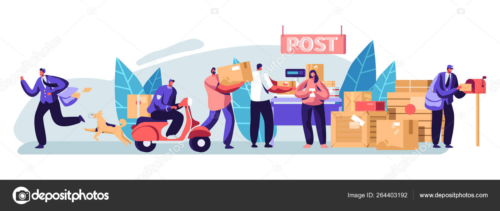 People in Post Office Send Letters and Parcels. Postmen Deliver Mail and  Packages to Customers. Mail Delivery Service, Postage Transportation.  Profession, Occupation. Cartoon Flat Vector Illustration Stock Vector Image  by ©vectorlab #264403192