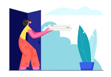Young Woman Holding Pile of Italian Pizza Boxes Standing at Doors of Home. Food Order Delivery Service, Meal Shipping to Address of Destination, Girl Get Pizza to Eat. Cartoon Flat Vector Illustration