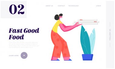 Young Woman Holding Pile of Italian Pizza Boxes Delivered at Home. Food Order Service, Meal Shipping to Address of Destination, Website Landing Page, Web Page. Cartoon Flat Vector Illustration, Banner