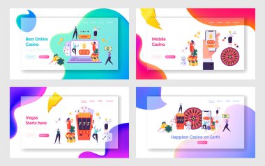 Internet Casino Hizmetleri ve Mobil Uygulamalar Web Sitesi Açılış Sayfası Şablonları Ayarlayın. Şans İnsanlar Kumar Oyunları, Harcama Para, Win ve Kaybetmek Web Sayfası. Karikatür Düz Vektör İllüstrasyon, Afiş
