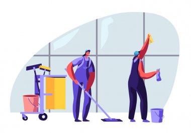 Temizlik Servisi Kadın Karakterler Süpürme ve Paspas ile Zemin Paspas, Bez ile Pencere Yıkama. Tramvayda Duran Diğer Ekipmanlar. Profesyonel Temizlik Şirketi. Karikatür Düz Vektör İllüstrasyon