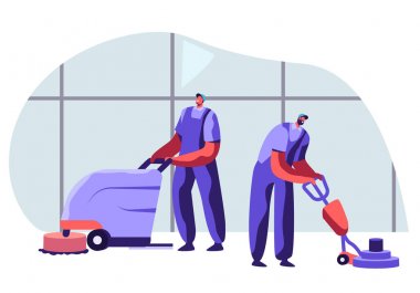 Temizlik Şirketi Personeli Üniforma Erkek Karakterler Ekipman ve Dostu Güler yüzlü, Profesyonel Hademe İşçi süpürme ve Ofiste Zemin Parlatma ile Çalışma. Karikatür Düz Vektör İllüstrasyon