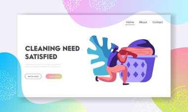 Woman Laying Clean Clothes to Basket in Public Laundry. Female Character Working or Visiting Laundrette. Cleaning Service Website Landing Page, Web Page. Cartoon Flat Vector Illustration, Banner