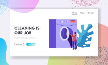 Worker or Customer Girl Loading Dirty Clothes to Laundromat Machine in Public Laundry or Launderette. Wash, Cleaning Service. Website Landing Page, Web Page. Cartoon Flat Vector Illustration, Banner