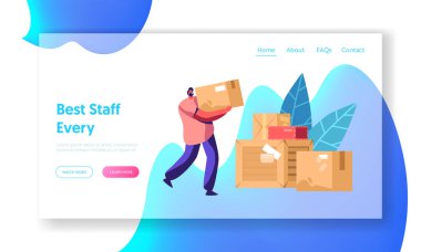 Kurye Adam Taşıma Kutusu. Paket Posta Teslim Servisi, Posta Taşımacılığı. Postane Depo Web Sitesi Açılış Sayfası, Web Sayfası Ambalaj Getirme. Karikatür Düz Vektör İllüstrasyon, Afiş
