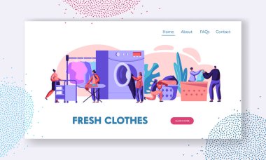 Çamaşır Yıkama Makinesi, Ütü, Çamaşır Sepeti Çamaşır Yıkama Kıyafetleri Ziyaret Erkek ve Kadın Karakterler. Yıkama Servisi Web Sitesi Açılış Sayfası, Web Sayfası. Karikatür Düz Vektör İllüstrasyon, Afiş
