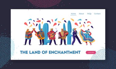 Geleneksel Giysiler, Müzisyenler ve Dansçılar Ulusal Müzik Bayramı kutlayan Meksikalı insanlar ile Cinco De Mayo Festivali. Web Sitesi Açılış Sayfası, Web Sayfası. Karikatür Düz Vektör İllüstrasyon, Afiş
