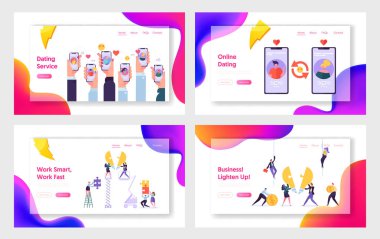 Online Dating Servis ve İş Ekibi, Web Sitesi Açılış Sayfası Şablonları Ayarlayın. Sohbet İnsanlar için Mobil Uygulama, Çalışanlar Ayar Ampul Puzzle Web Sayfası. Karikatür Düz Vektör İllüstrasyon, Afiş