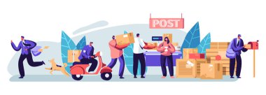 Postanedeki kişiler Mektup ve Koli Gönder. Postacılar Müşterilere Posta ve Paket Teslim. Posta Teslimat Servisi, Posta Taşımacılığı. Meslek, meslek. Karikatür Düz Vektör İllüstrasyon