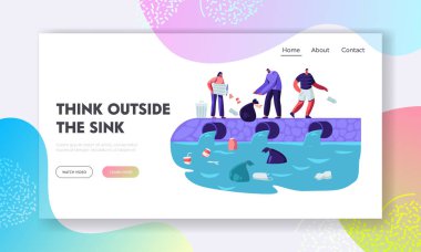 Su Plastik Kirliliği. İnsanlar Nehre Çöp Damping, Trowing Çöp, Okyanus Kirliliği, Ekoloji, Çevre Koruma, Web Sitesi Açılış Sayfası, Web Sayfası. Karikatür Düz Vektör İllüstrasyon, Afiş