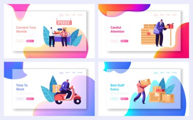 Postane Hizmeti Web Sitesi Açılış Sayfası Şablonları Ayarlayın. İnsanlar Mektup ve Koli Gönderiyor. Postacılar Müşterilere Posta Teslim. Posta Teslimatı, Posta Web Sayfası. Karikatür Düz Vektör İllüstrasyon, Afiş