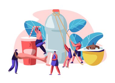 Plastik Şeyler Kullanarak İnsanlar Karakterler. Su Şişesi Açma, İçme İçecek Kabı, Taşıma Tıraş Makinesi, Yoğurt Kabında Oturma, İnsan Ürünleri Tüketme. Karikatür Düz Vektör İllüstrasyon