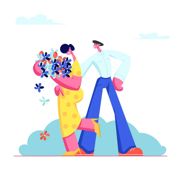 Young Couple Having Dating. Cute Embarrassed Girl in Yellow Dress Holding Bouquet of Beautiful Flowers in Hands, Man Embracing Girlfriend. Love, Human Relations Family Cartoon Flat Vector Illustration — Stok Vektör