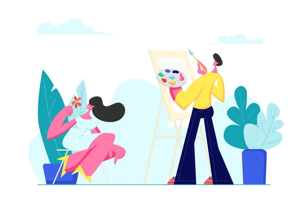 Ung mand maleri Portræt af smukke pige med blomst i hænderne sidder foran staffeli. Kunstner Holding Maling Palette, Kvinde Posing, udendørs kreativ hobby, kunst, tegneserie flad vektor illustration – Stock-vektor