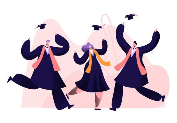 Grupa męskich i żeńskich postaci w suknie dyplomowe i czapki Raduj się, skoki i doping się szczęśliwy, aby uzyskać dyplom i Zakończ edukację uniwersytecką. Kreskówka płaski wektor ilustracja — Wektor stockowy