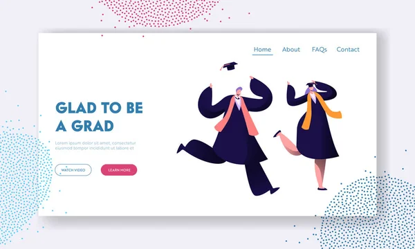 Happy Students Celebrating Graduation, End of Education (em inglês). Cheerful Man and Woman in Academical Cap and Gown Laughing and Jumping Website Landing Page (em inglês). Desenhos animados Flat Vector Ilustração, Banner — Vetor de Stock