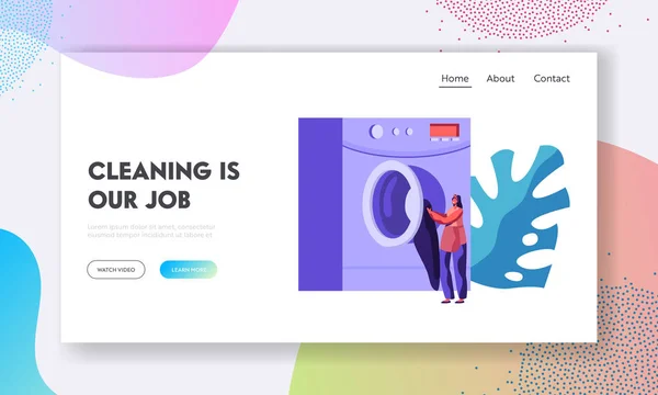 Worker or Customer Girl Loading Dirty Clothes to Laundromat Machine in Public Laundry or Launderette. Wash, Cleaning Service. Website Landing Page, Web Page. Cartoon Flat Vector Illustration, Banner — Stok Vektör