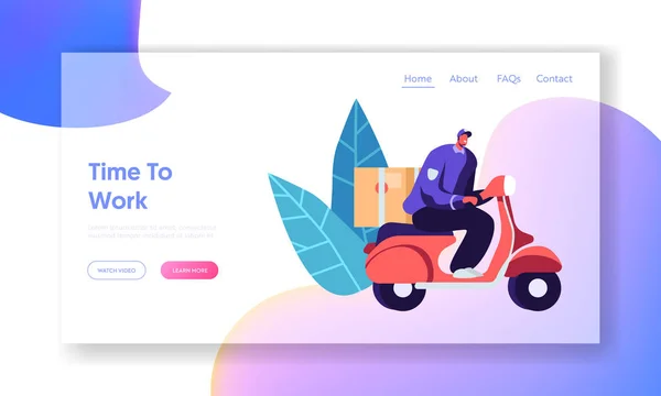 男性郵便配達員のキャラクターは、制服を着て、スクーターで小包と郵便物をキャップ。宅配便エクスプレス配達サービス。ウェブサイトランディングページ、ウェブページ。漫画フラットベクトルイラスト、バナー — ストックベクタ
