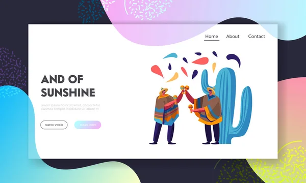 Cinco de Mayo Festival con hombres mexicanos en Poncho y Sombrero tocando Maracas en el Festival Nacional de Música Folclórica, Página Web de Artistas Músicos Landing Page, Página Web. Ilustración plana del vector de la historieta, bandera — Vector de stock