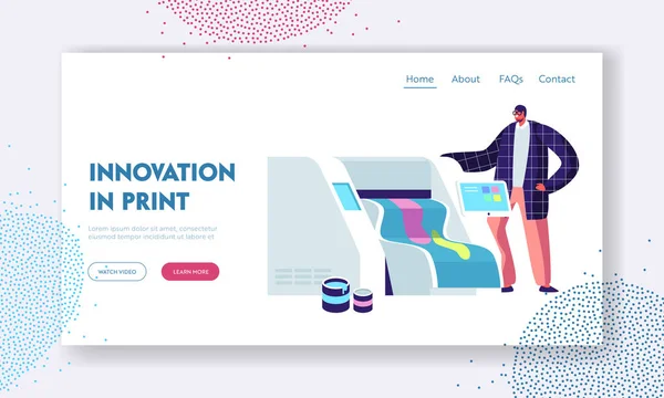Printshop or Printing Service Center with Man Work with Widescreen Offset Inkjet Printer. Electronic Equipment, Advertising Website Landing Page, Web Page. Cartoon Flat Vector Illustration, Banner