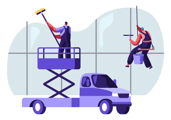 Professional Industrial Deep Cleaning Company Team Equipment, Vehicle Service. Men in Uniform Cleaning Window Working with Elevator Platform Car and Climbing Gear. Cartoon Flat Vector Illustration