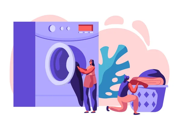 Női karakterek nyilvános mosoda fektetése tiszta ruhákat kosár, betöltése Dirty ruházat a Laundromat gép. Ipari mosoda mosás, takarítás. Cartoon Flat vektoros illusztráció — Stock Vector