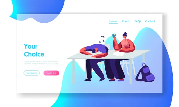 Estudantes em Palestra na Universidade. Homem dormindo, menina segurando a maçã na mão. Seminário de Aprendizagem, Ensino Superior, Adquirir Conhecimento Site Landing Page, Página Web. Desenhos animados Flat Vector Ilustração, Banner —  Vetores de Stock