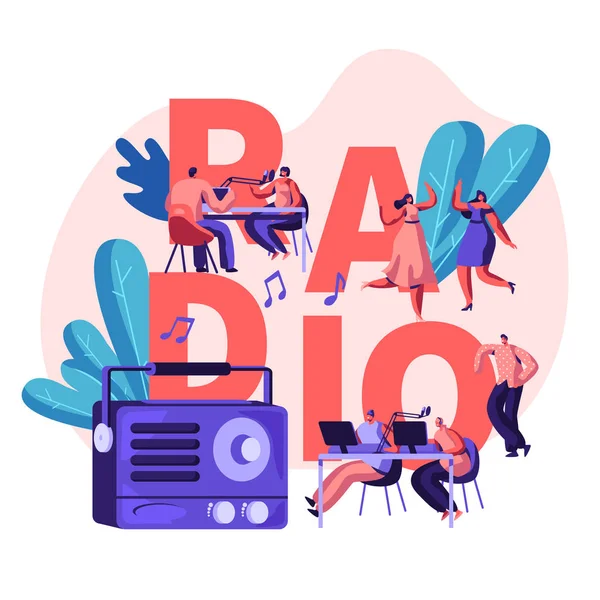 People e Radio Concept. Personaggi maschili e femminili Ascoltare musica e notizie, Danza, Radio Host Broadcasting e comunicare con gli ascoltatori Poster, banner, Brochure. Illustrazione del vettore piatto del fumetto — Vettoriale Stock