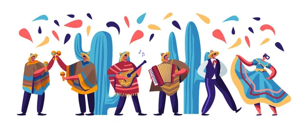 Cinco de Mayo festival met Mexicaanse mensen in kleurrijke traditionele kleding, muzikanten met gitaar, maracas en accordeon en dansers viering nationale feestdag. Cartoon platte vector illustratie — Stockvector