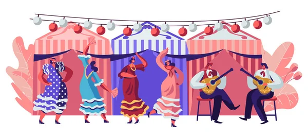 México Bailarines en el Festival Cinco De Mayo. Celebración Folclórica de Música Mexicana y Latina. Chicas con vestidos tradicionales bailando en la música tocando con guitarrista en Sombrero Dibujos animados Vector plano Ilustración — Archivo Imágenes Vectoriales
