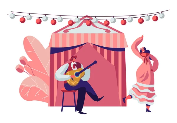 Ragazza messicana in abito tradizionale Danza alla musica Suonare con il chitarrista a Sombrero durante il Cinco De Mayo Festival vicino a Decorated Fairy Tent. Celebrazione popolare latina. Illustrazione del vettore piatto del fumetto — Vettoriale Stock