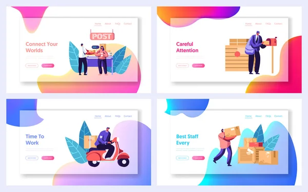 郵便局サービスウェブサイトランディングページテンプレートセット。人々は手紙や小包を送ります。郵便配達員が顧客にメールを配達する。郵便配達、郵送のウェブページ。漫画フラットベクトルイラスト、バナー — ストックベクタ