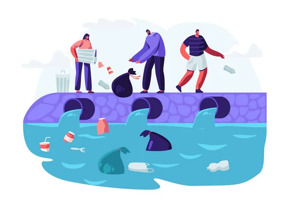 Water plastic vervuiling. Mensen storten afval in de rivier, trowing vuilnis uit zakken en vuilnisbakken. Oceaan vervuiling, ecologie, milieubescherming, conceptuele cartoon platte vector illustratie — Stockvector