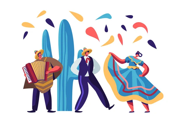 Cinco De Mayo Festivali. Akordeon lu Meksikalı Sanatçılar Grubu ve Geleneksel Kıyafetler Ulusal Halk Müziği Tatil Karikatür Düz Vektör İllüstrasyon Kutlayan Erkek ve Kadın Dansçılar Çift — Stok Vektör