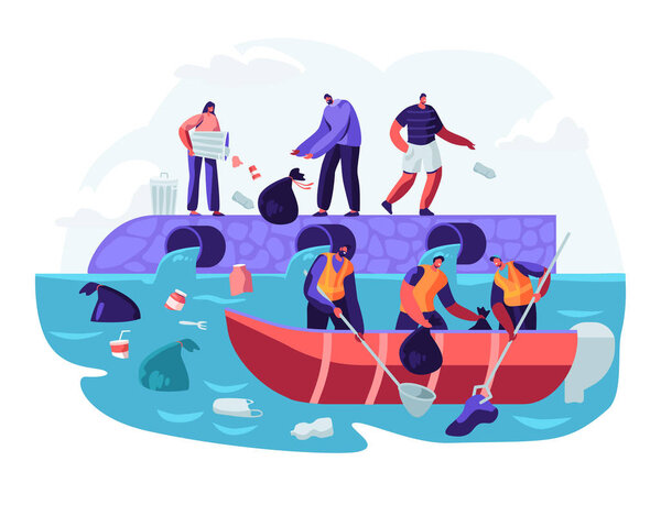 Water Plastic Pollution. People Throw Garbage to River, Workers on Boat Catching Trash from Underwater, Wastes Floating in Ocean. Ecology, Environment Protection. Cartoon Flat Vector Illustration