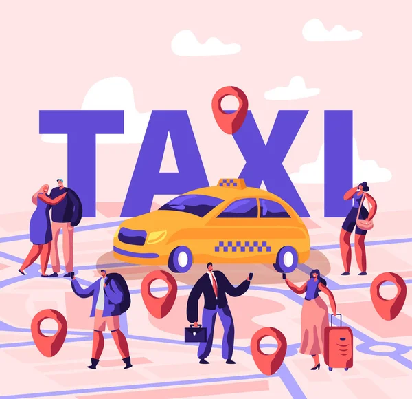 Gente pidiendo taxis usando la aplicación y tomando el concepto de la calle. Personajes de pasajeros masculinos y femeninos Párese cerca de Yellow Car, Poster, Banner, Flyer, Folleto. Dibujos animados plana Vector Ilustración — Archivo Imágenes Vectoriales