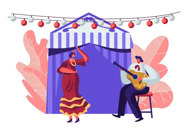 Фестиваль латинской народной музыки Cinco De Mayo. Мексиканская девушка в традиционном платье танцует под музыку, играя с гитаристом в Сомбреро возле декоративной феи палатки. Мультипликационный вектор — стоковый вектор