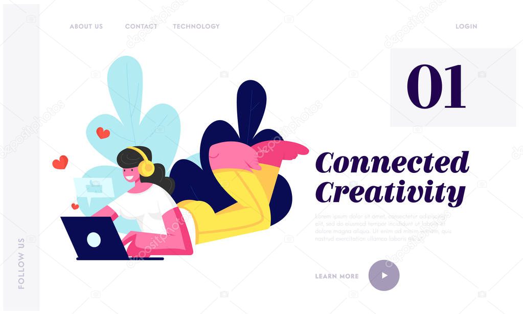Girl in Headphones Lying on Floor with Laptop, Love Chat in Social Media Networks, Listening Music, Watching Video in Internet, Website Landing Page, Web Page. Cartoon Flat Vector Illustration, Banner