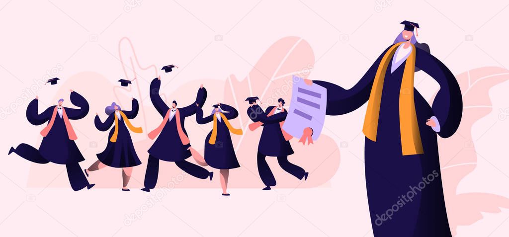 Group of Male and Female Characters in Graduation Gowns and Caps Rejoice, Jumping and Cheering Up Happy to Get Diploma Certificate and Finish University Education. Cartoon Flat Vector Illustration