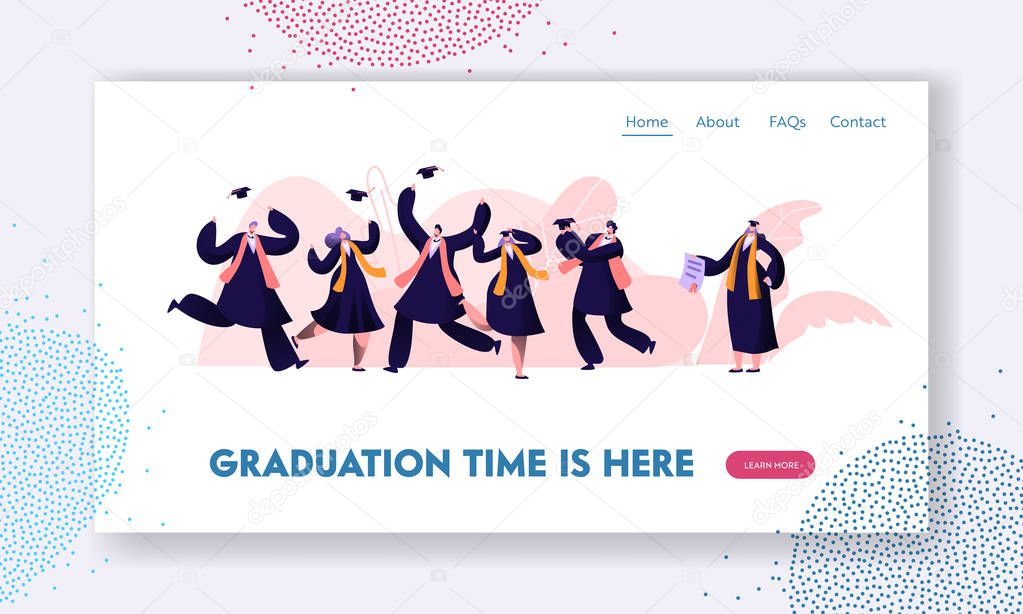 Graduating Students in Gowns and Caps Jumping and Cheering Up Happy to Get Diploma Certificate and Finish University Education. Website Landing Page, Web Page. Cartoon Flat Vector Illustration, Banner