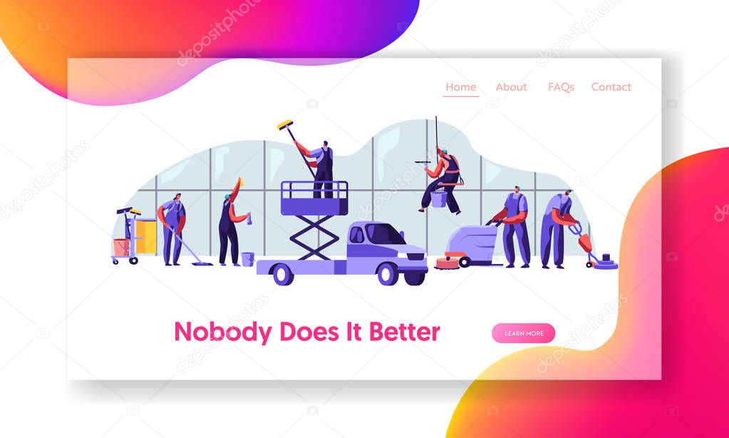 Workers in Uniform with Equipment Cleaning Room. Service of Professional Cleaners at Work Mopping, Vacuuming and Sweeping Floor Website Landing Page, Web Page. Cartoon Flat Vector Illustration, Banner
