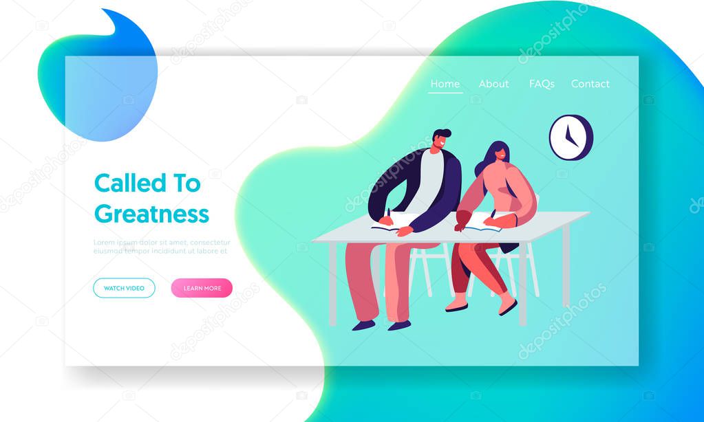 Young Male and Female Students Sitting at Desk in Classroom Writing Lecture. Gaining Knowledge, Higher Education, Examination. Website Landing Page, Web Page. Cartoon Flat Vector Illustration, Banner