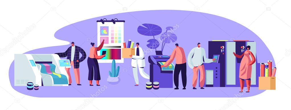 Printing House Advertising Agency, Polygraphy Industry Composition with Human Characters. Customers, Designers, Workers Producing Colorful Press Consumable Ad Material Cartoon Flat Vector Illustration