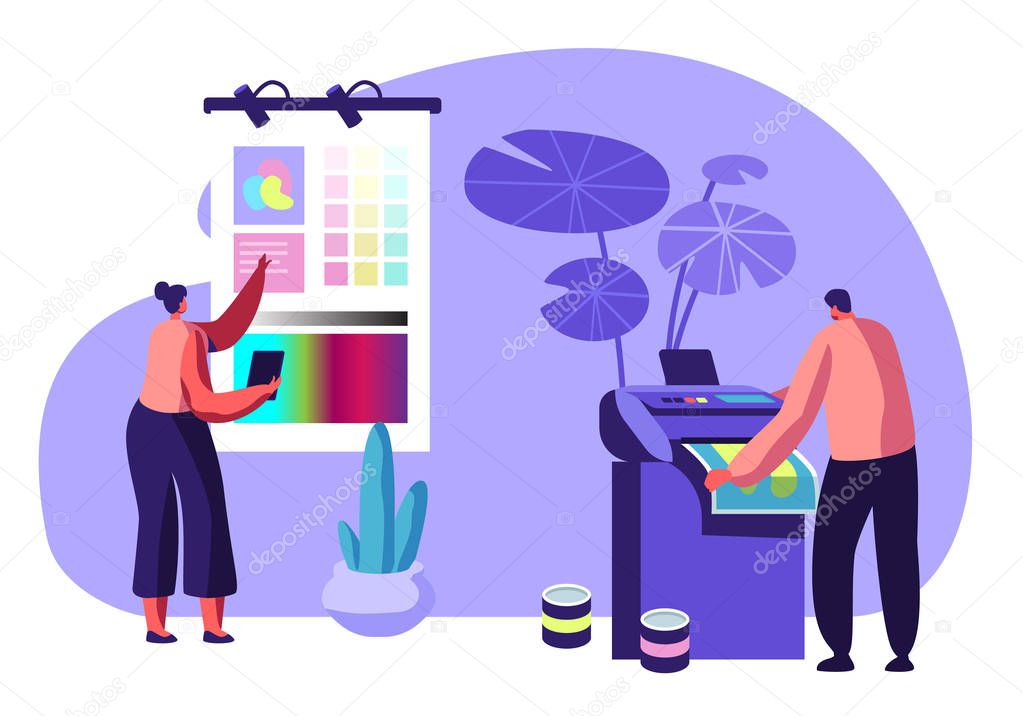 Girl Designer Choose Coloring Palette on Screen, Man Printing Ad on Multifunction Laser Printer. Working Process in Typography or Advertising Agency. Creative Team. Cartoon Flat Vector Illustration