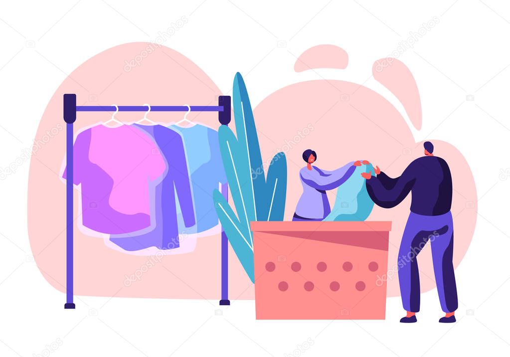 Female Character Professional Laundry Worker Giving to Client Bag with Clean Clothes on Reception. Dry Cleaning Service. Industrial Public Laundrette Cleaning Service. Cartoon Flat Vector Illustration