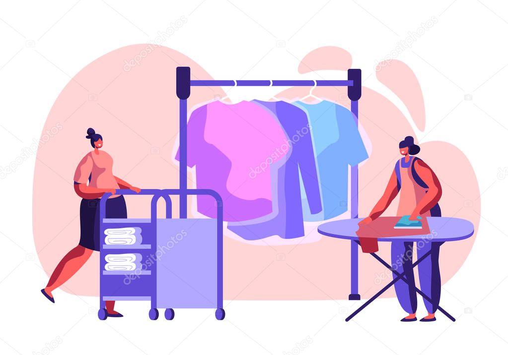 Female Characters Employees of Professional Cleaning Service Working Process Ironing Clean Clothes, Push Trolley with Clothing in Public or Hotel Laundry, Laundrette. Cartoon Flat Vector Illustration