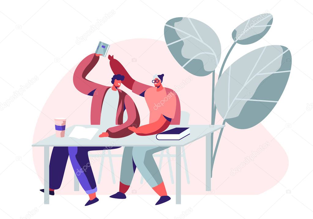 Couple of Students Laughing and Fooling on Lecture or on Break in University. Guy Taking Away Notebook of his Classmate. Higher Education, Friends Learning in College. Cartoon Flat Vector Illustration