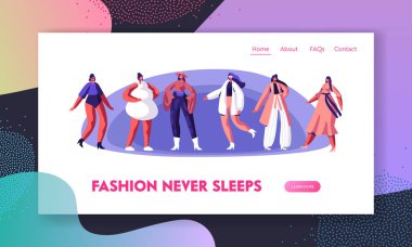 Top Models Web Sitesi Açılış Sayfası ile Defile. Kızlar Modern Haute Couture Giyim Giyen Pist veya Catwalk, Trendy Event.Web Page üzerinde Gösteren. Karikatür Düz Vektör İllüstrasyon, Afiş