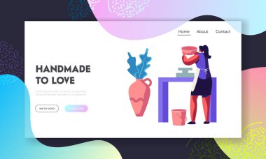 Çömlekçilik Atölyesi Web Sitesi Açılış Sayfasında Kız Sanatçı Dekorasyon Seramik. El yapımı Çömlekçilik Master Class. Saksılı Kadın, Toprak, Çanak Çömlek. Web Sayfası. Karikatür Düz Vektör İllüstrasyon, Afiş